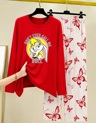 Red Butterfly Print Night Suit for Women 28" thumbnail 3