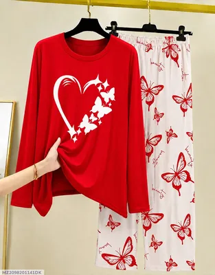 Red Butterfly Heart Night Suit for Women