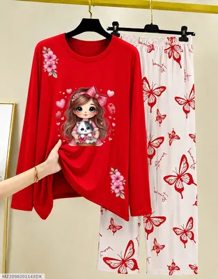 Red Printed Night Suit for Girls with Butterfly Design
