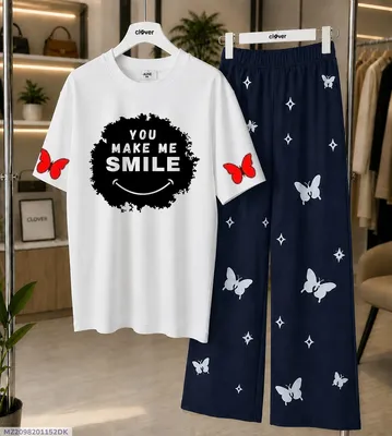 Women Printed Night Suit White Blue Butterfly Jersey 2 Pcs