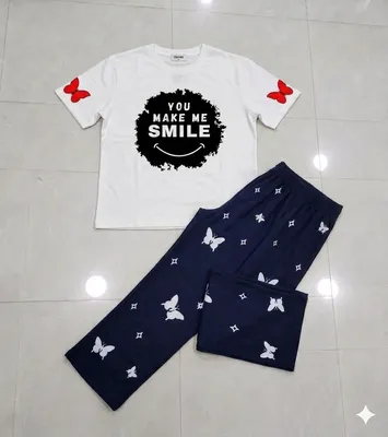 Women Printed Night Suit White Blue Butterfly Jersey 2 Pcs thumbnail 2