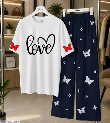 Women Printed Night Suit White Blue Butterfly Medium to XL