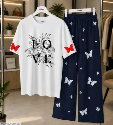 Women Printed Jersey Night Suit White Blue Butterfly Medium to XL
