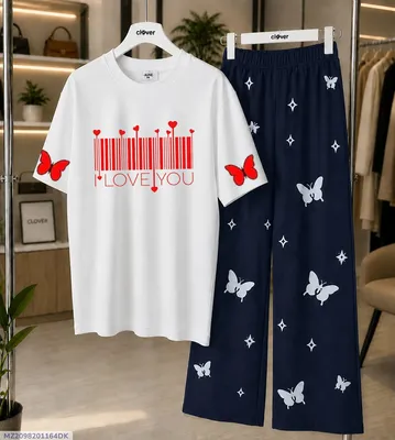 Women Printed Night Suit White Blue Butterfly Jersey 2 Pcs thumbnail 1