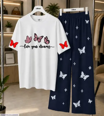 Women Printed Night Suit White Butterfly Jersey 2 Pcs Medium to XL