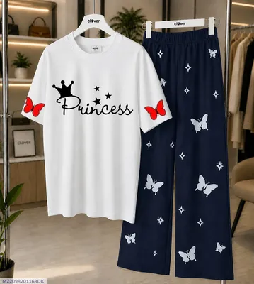 Women Printed Night Suit White Butterfly Princess Design Medium to XL