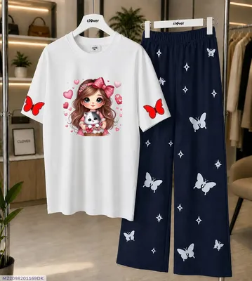 Women Printed Night Suit White Jersey 2 Pcs Medium to XL