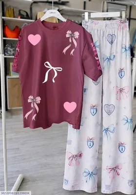 2 Pcs Women's Stitched Cotton Jersey Printed Night Suit thumbnail 1