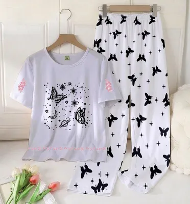 2 Pcs Women's Stitched Cotton Jersey Printed Night Suit thumbnail 3