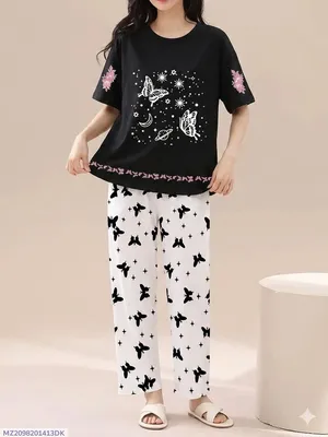 2 Pcs Women's Stitched Cotton Jersey Printed Night Suit