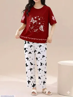 2 Pcs Women's Stitched Cotton Jersey Printed Night Suit