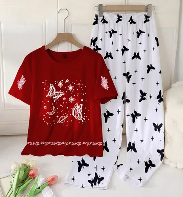2 Pcs Women's Stitched Cotton Jersey Printed Night Suit thumbnail 3