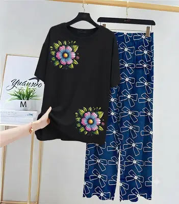 2 Pcs Women's Stitched Jersey Printed Night Suit thumbnail 3