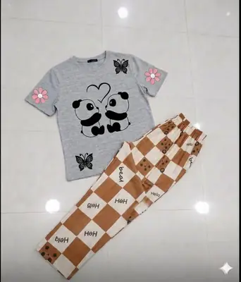 2 Pcs Women's Stitched Cotton Jersey Printed Night Suit thumbnail 3