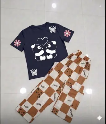 2 Pcs Women's Stitched Cotton Jersey Printed Night Suit thumbnail 3
