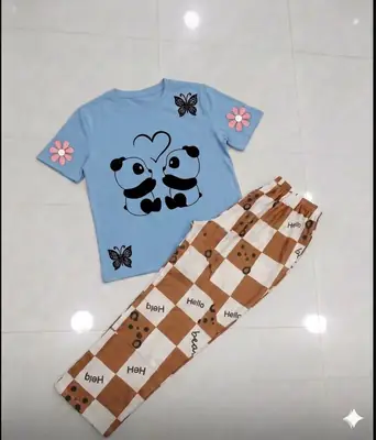 2 Pcs Women's Stitched Cotton Jersey Printed Night Suit thumbnail 3
