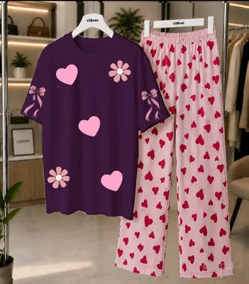 2 Pcs Women's Stitched Jersey Plain Night Suit thumbnail 4