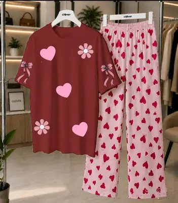 2 Pcs Women's Stitched Jersey Plain Night Suit thumbnail 4