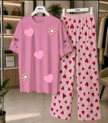 2 Pcs Women's Stitched Jersey Plain Night Suit thumbnail 4