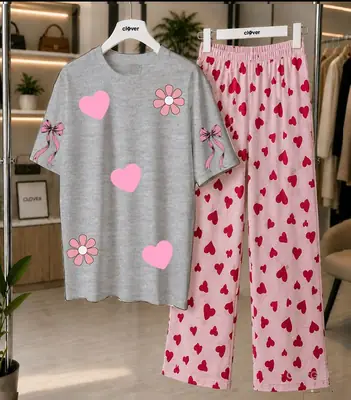 2 Pcs Women's Stitched Jersey Plain Night Suit thumbnail 4