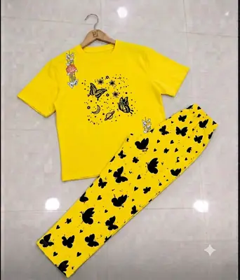 2 Pcs Women's Stitched Cotton Jersey Printed Night Suit thumbnail 3