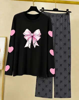 2 Pcs Women's Stitched Cotton Jersey Printed Night Suit thumbnail 3
