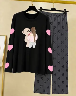 2 Pcs Women's Stitched Cotton Jersey Printed Night Suit thumbnail 3