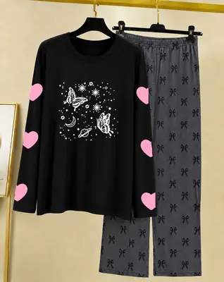 2 Pcs Women's Stitched Cotton Jersey Printed Night Suit thumbnail 3