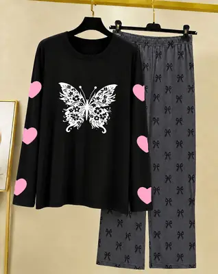2 Pcs Women's Stitched Cotton Jersey Printed Night Suit thumbnail 3