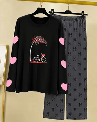 2 Pcs Women's Stitched Cotton Jersey Printed Night Suit thumbnail 3
