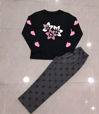 2 Pcs Women's Stitched Cotton Jersey Printed Night Suit thumbnail 2