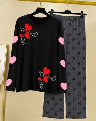 2 Pcs Women's Stitched Cotton Jersey Printed Night Suit thumbnail 3