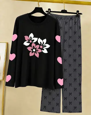 2 Pcs Women's Stitched Cotton Jersey Printed Night Suit thumbnail 3