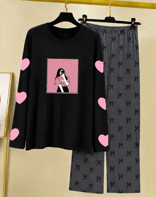 2 Pcs Women's Stitched Cotton Jersey Printed Night Suit thumbnail 3