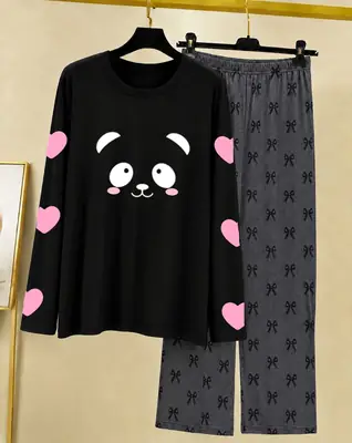 2 Pcs Women's Stitched Cotton Jersey Printed Night Suit thumbnail 3