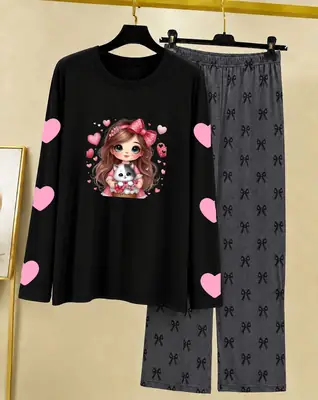 2 Pcs Women's Stitched Cotton Jersey Printed Night Suit thumbnail 3