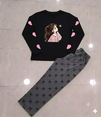 2 Pcs Women's Stitched Cotton Jersey Printed Night Suit thumbnail 2