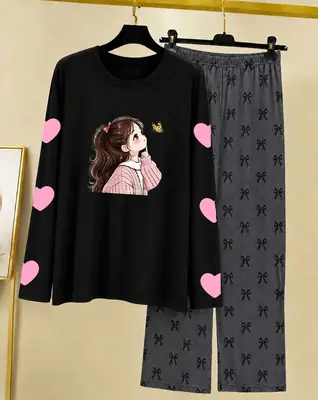 2 Pcs Women's Stitched Cotton Jersey Printed Night Suit thumbnail 3
