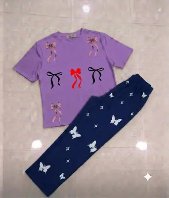 2 Pcs Women's Stitched Cotton Jersey Printed Night Suit thumbnail 3