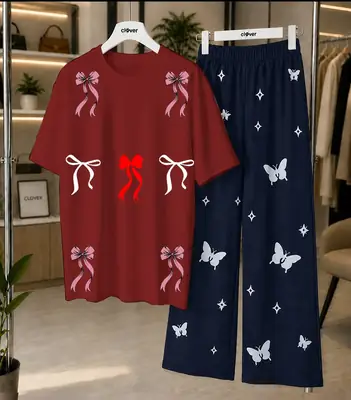 2 Pcs Women's Stitched Cotton Jersey Printed Night Suit thumbnail 4