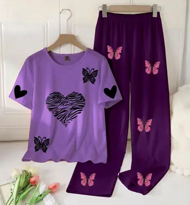 2 Pcs Women's Stitched Cotton Jersey Printed Night Suit thumbnail 4