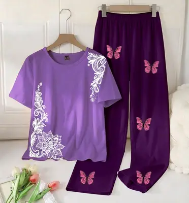 2 Pcs Women's Stitched Cotton Jersey Printed Night Suit thumbnail 4