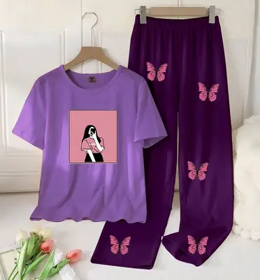 2 Pcs Women's Stitched Cotton Jersey Printed Night Suit thumbnail 4