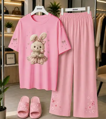 2 Pcs Women's Stitched Cotton Jersey Printed Night Suit thumbnail 3