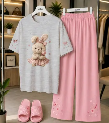 2 Pcs Women's Stitched Cotton Jersey Printed Night Suit thumbnail 3
