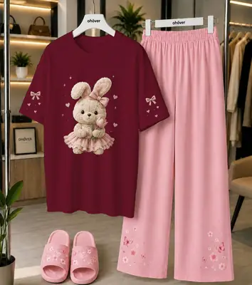 2 Pcs Women's Stitched Cotton Jersey Printed Night Suit thumbnail 3