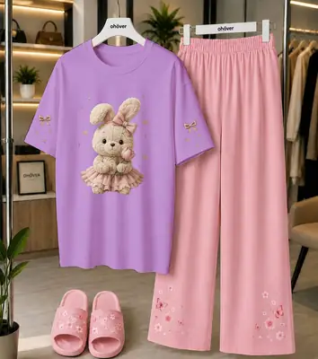 2 Pcs Women's Stitched Cotton Jersey Printed Night Suit thumbnail 3