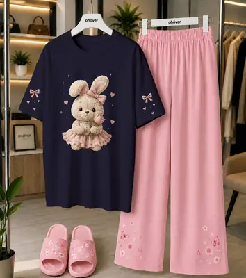 2 Pcs Women's Stitched Cotton Jersey Printed Night Suit thumbnail 3