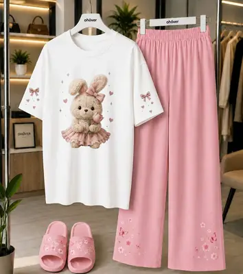 2 Pcs Women's Stitched Cotton Jersey Printed Night Suit thumbnail 3