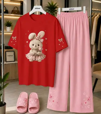 2 Pcs Women's Stitched Cotton Jersey Printed Night Suit thumbnail 3